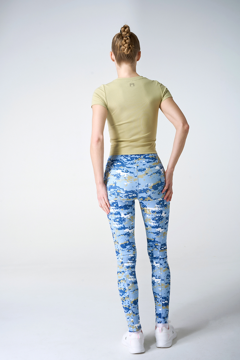 Hi Stretched Modal Rib Fitted Short Fitted Sleeve Tee And Blue Camouflage Legging With Side Pocket Sets
