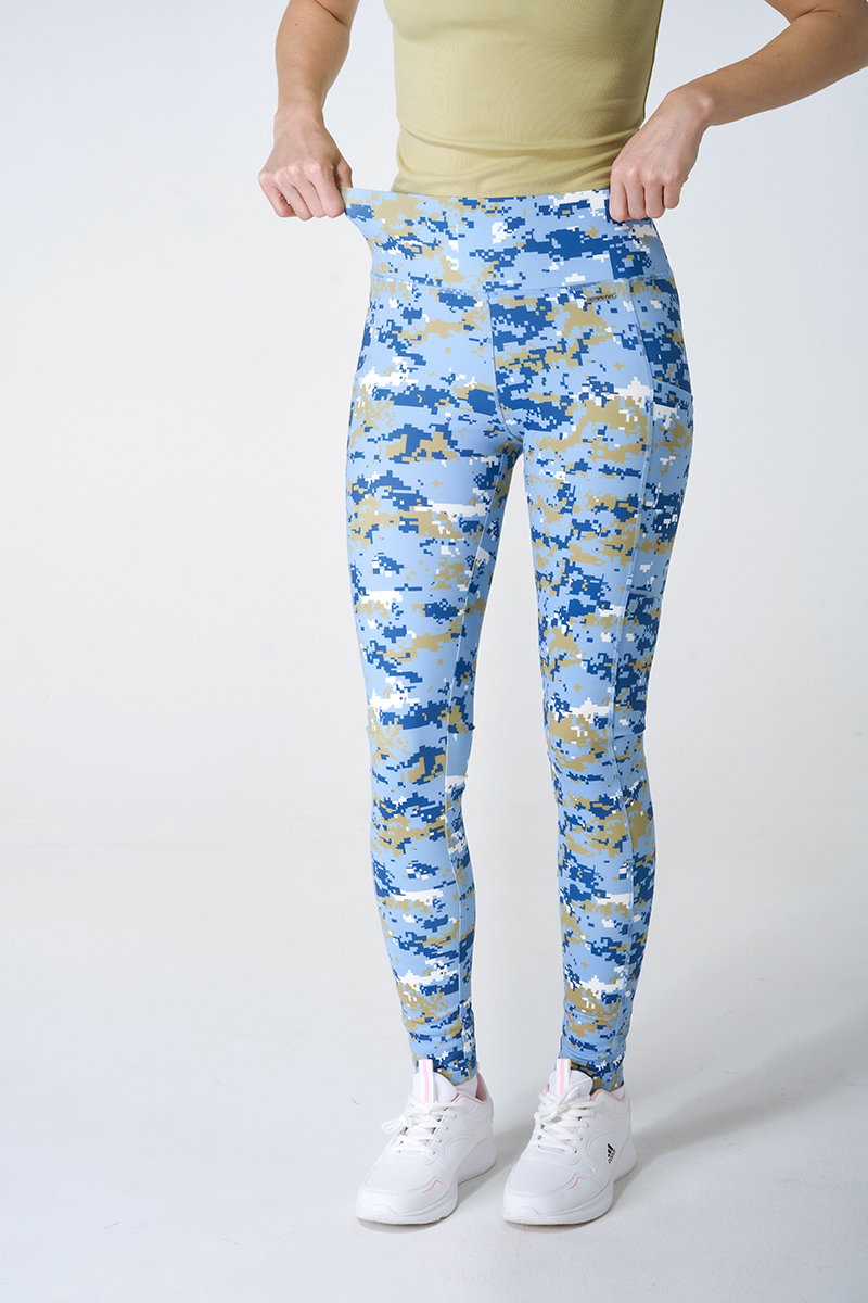 Hi Stretched Modal Rib Fitted Short Fitted Sleeve Tee And Blue Camouflage Legging With Side Pocket Sets