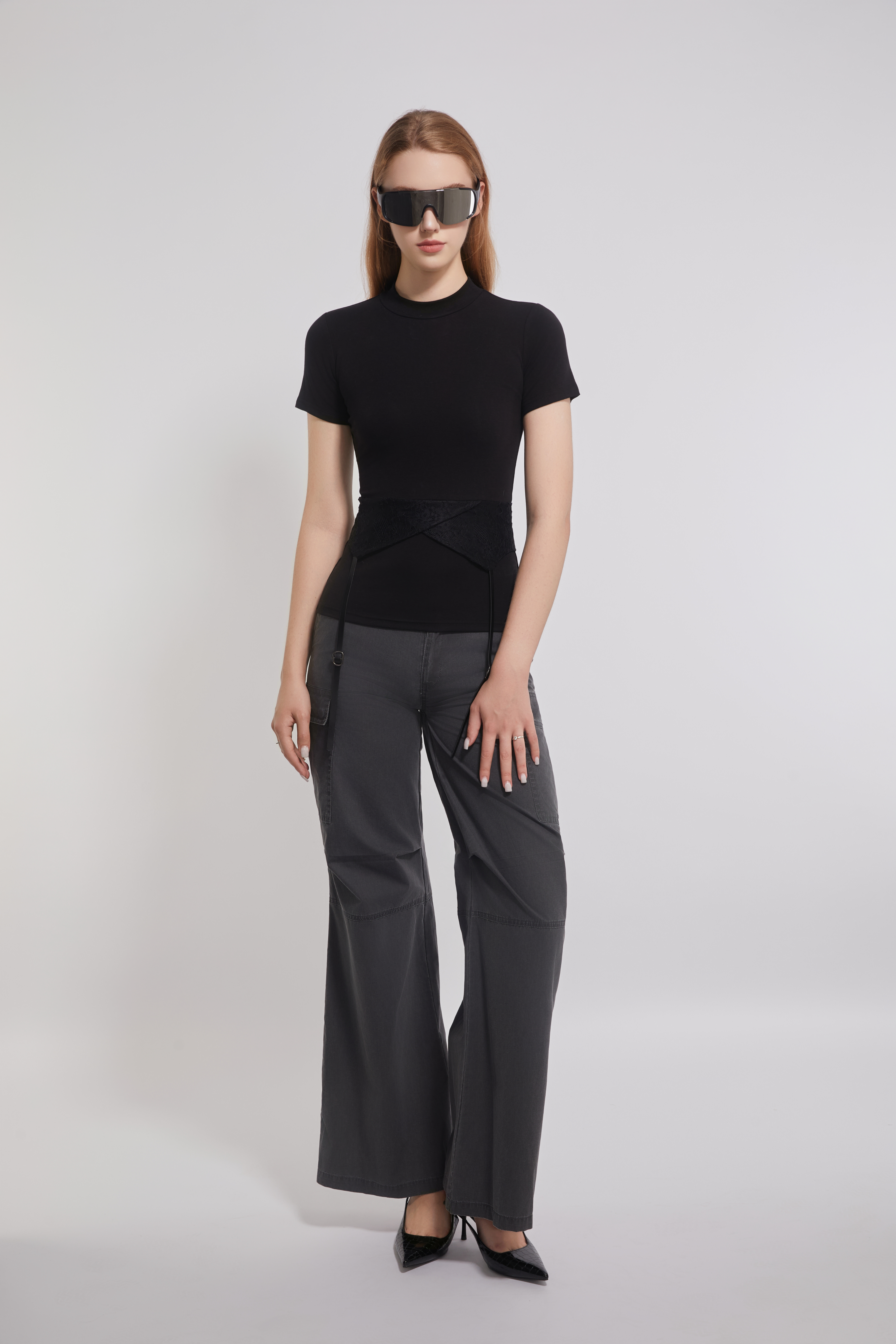 Lace And Leather Tie Trimed Modal Stretched Tee