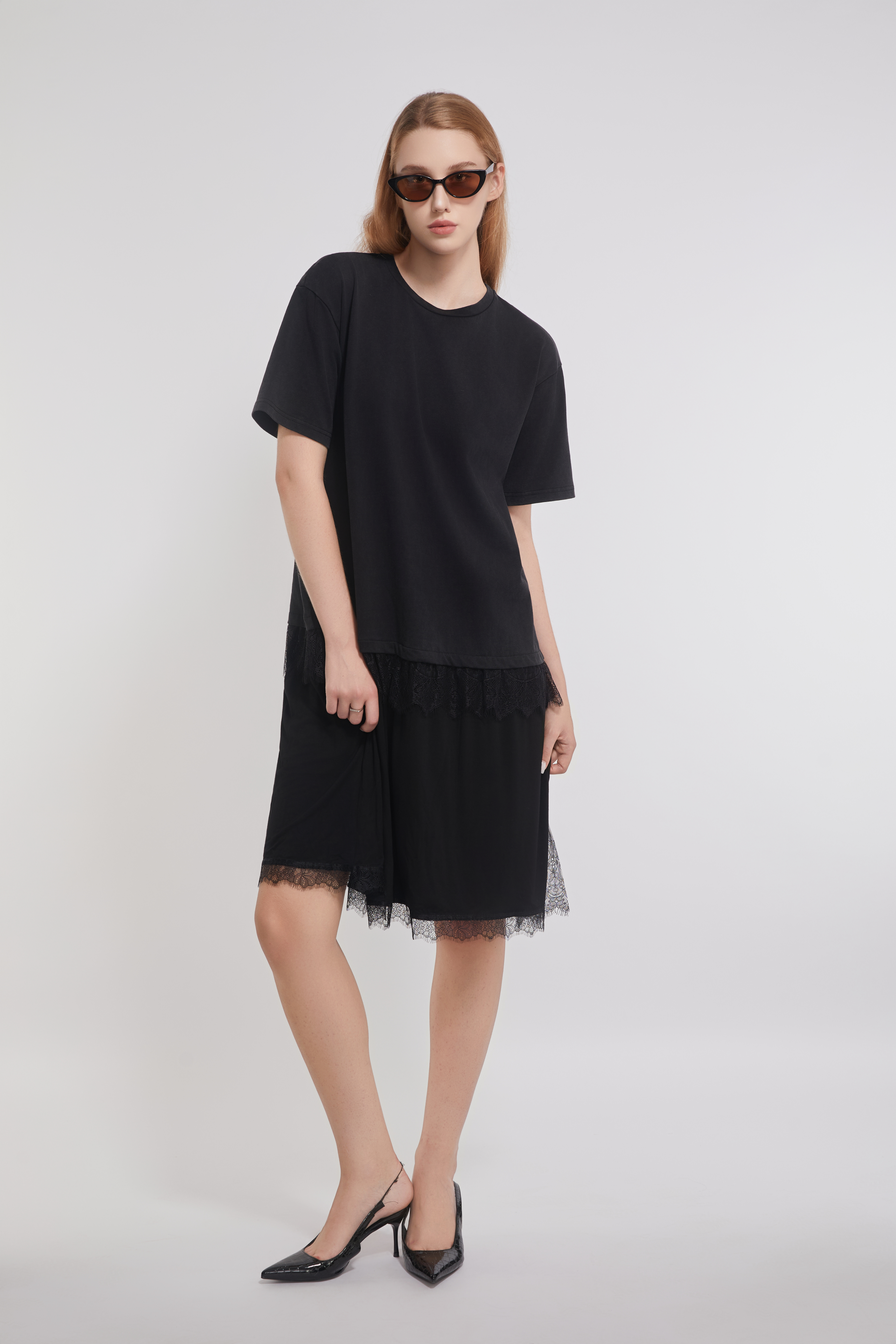 Lace  Trimed Cotton Tee Joint With Mesh Dress