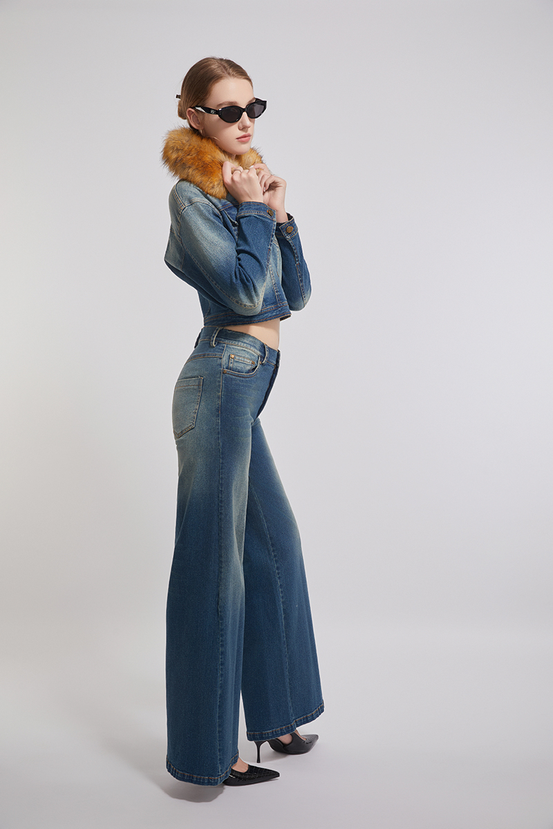 Heavy Fur Collar Blue Denim Jacket