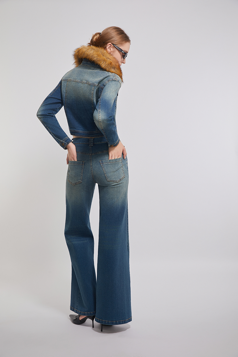 Heavy Fur Collar Blue Denim Jacket