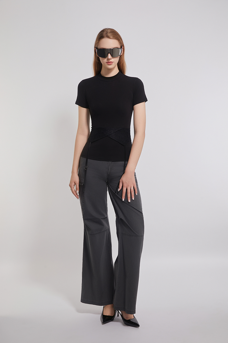 Lace And Leather Tie Trimed Modal Stretched Tee