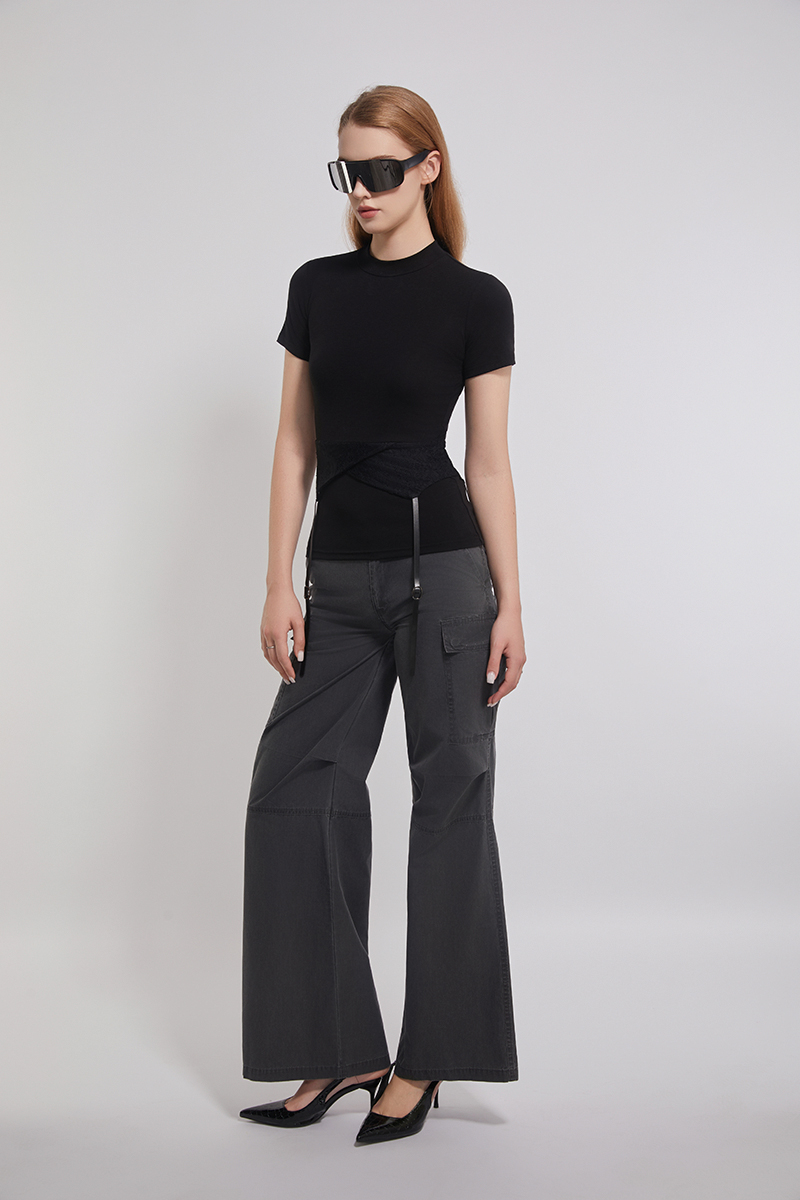 Lace And Leather Tie Trimed Modal Stretched Tee