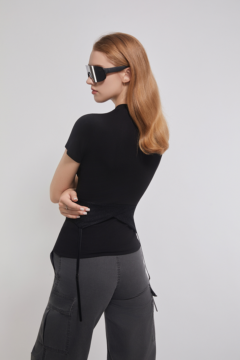 Lace And Leather Tie Trimed Modal Stretched Tee