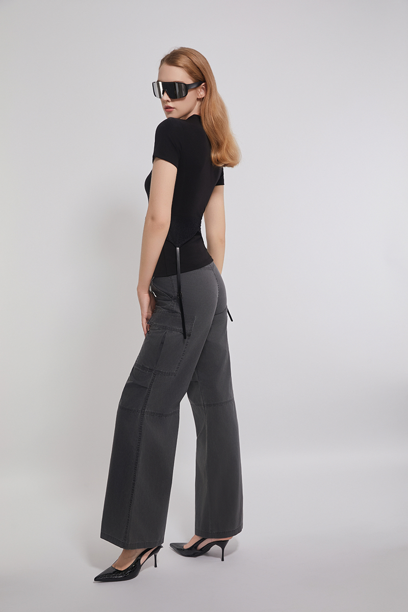 Lace And Leather Tie Trimed Modal Stretched Tee