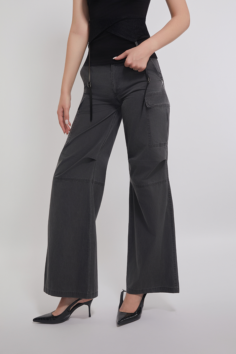 Cotton Acid Washed Wide Leg Cargo Pants