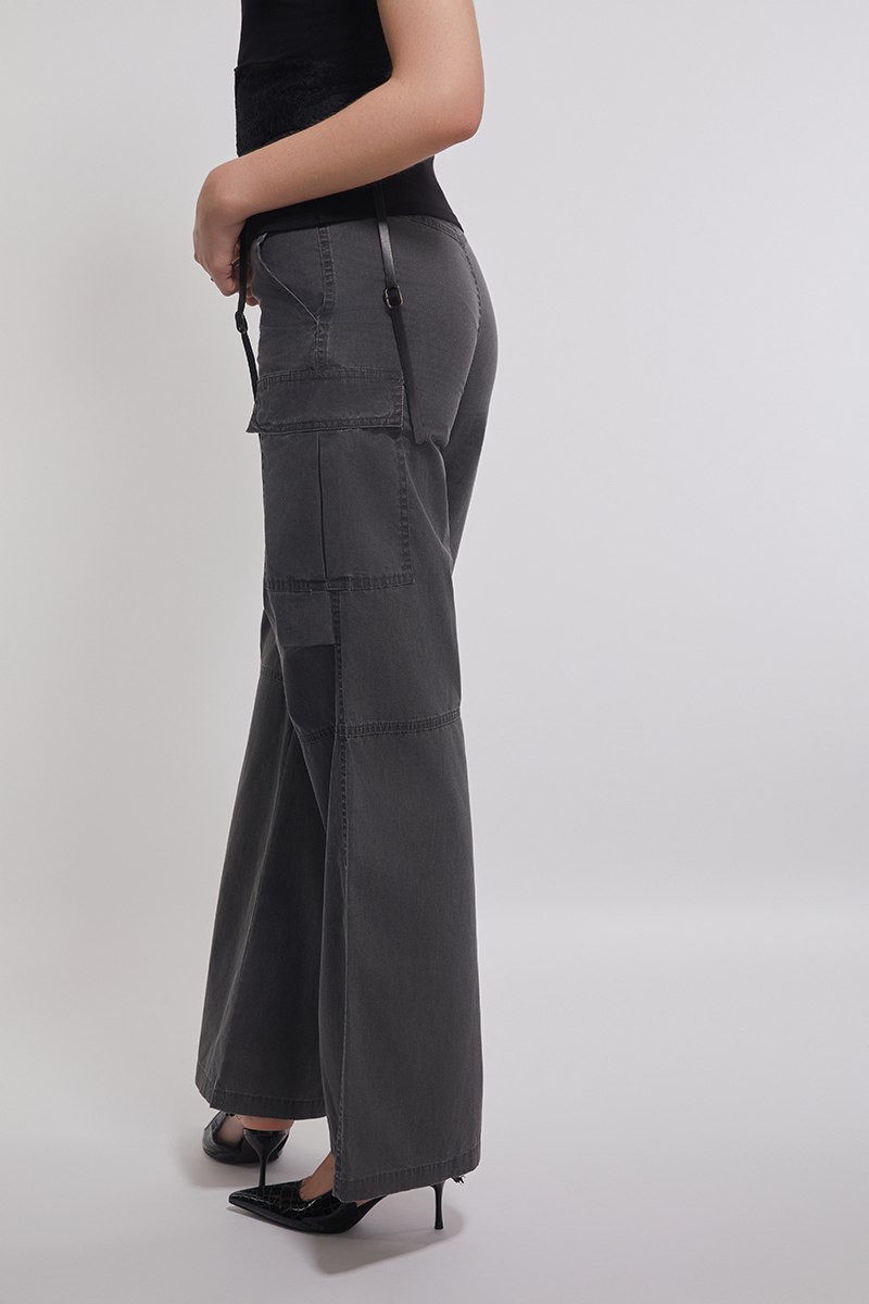 Cotton Acid Washed Wide Leg Cargo Pants