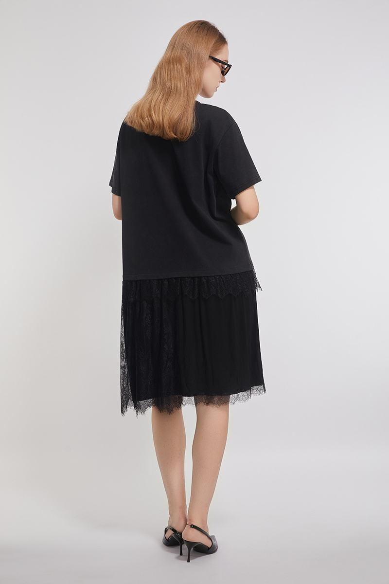 Lace Trimed Cotton Tee Joint With Mesh Dress