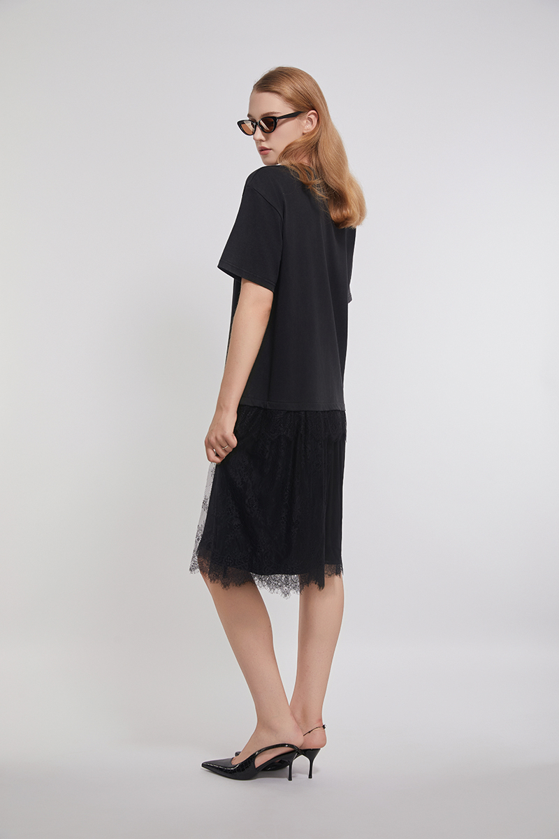 Lace Trimed Cotton Tee Joint With Mesh Dress