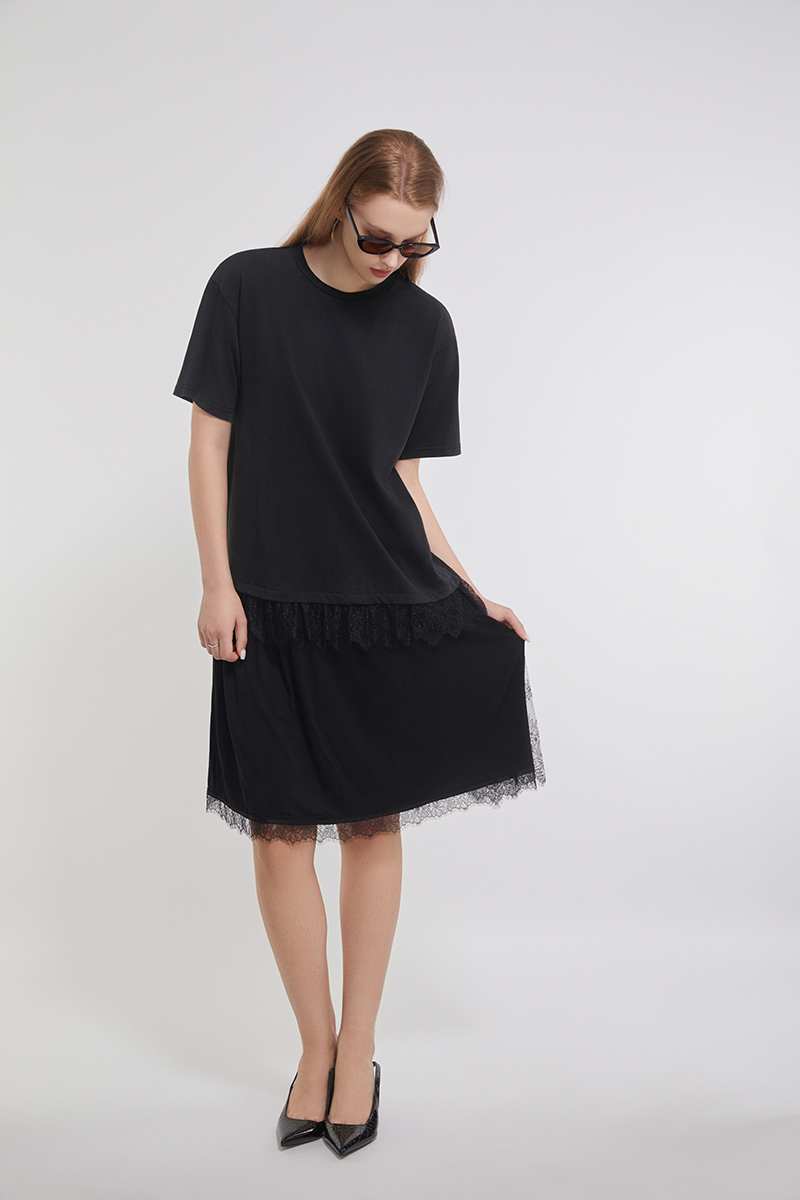 Lace Trimed Cotton Tee Joint With Mesh Dress